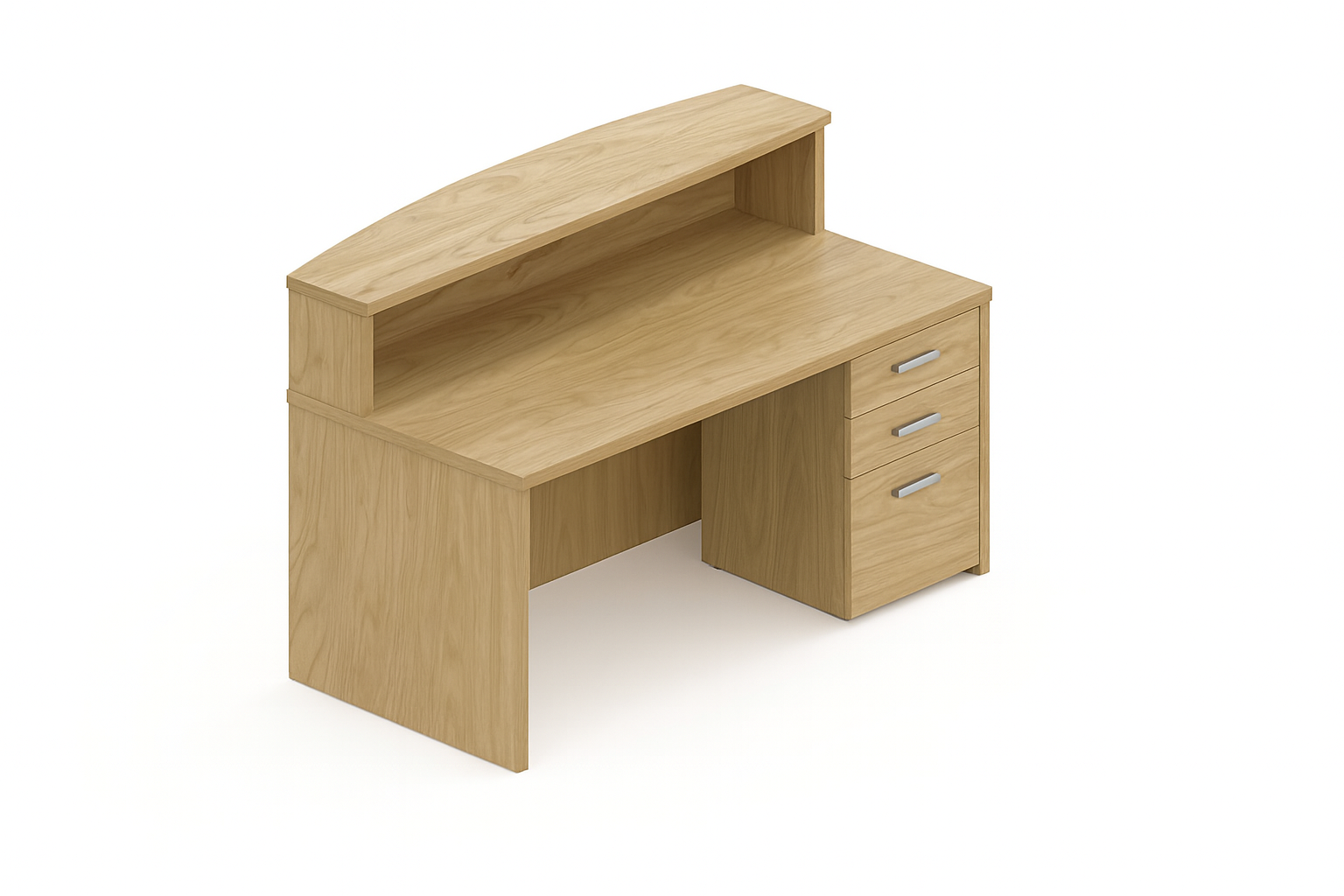 Bowfront Gallery Reception Desk with Transaction Top and Box/Box/File Pedestal